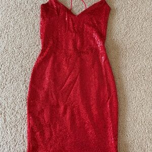 Red Sparkly V-Neck Tie-Back Mini Dress – Windsor (XS)